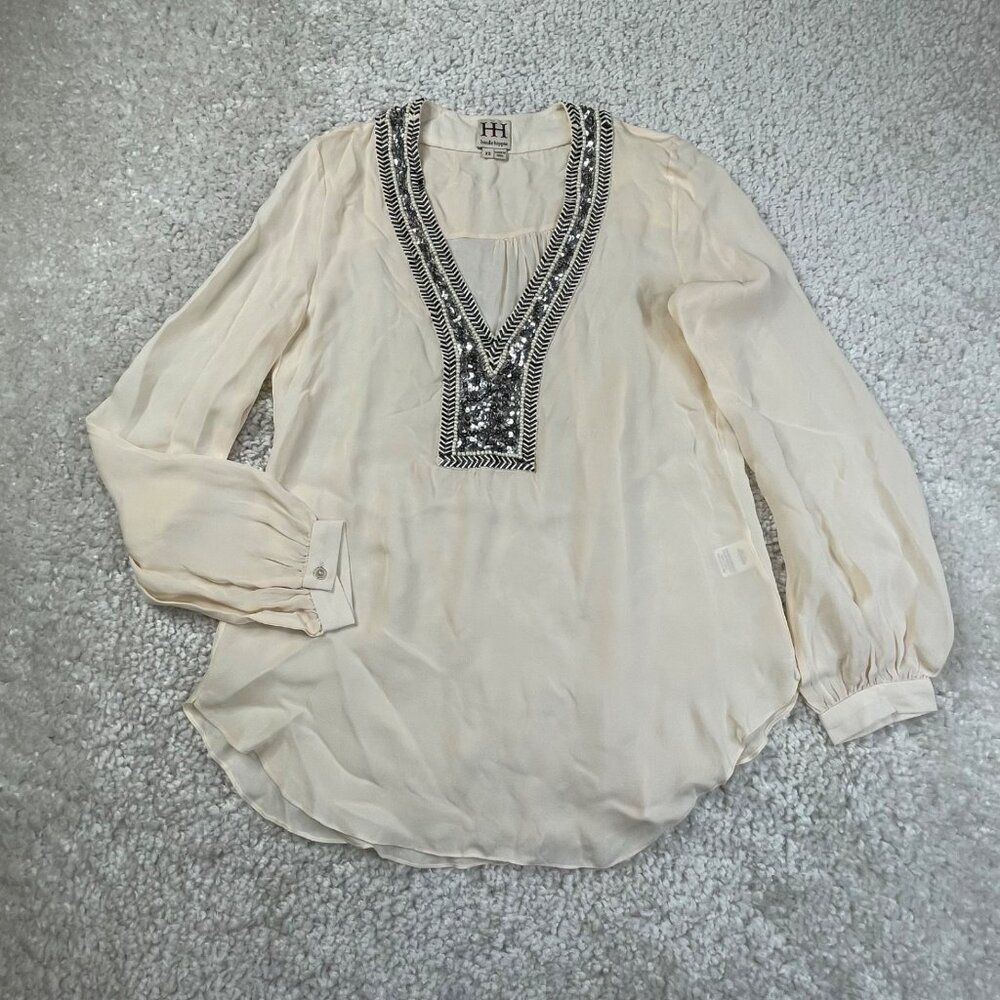 Haute Hippe Silk Embellished Sequin Beaded  Blouse Cream Ivory Womens XS